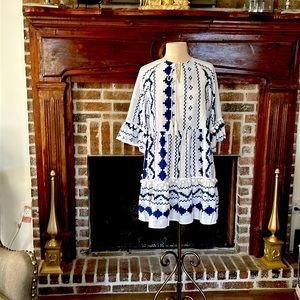 White & Navy Embroidered Mini Dress with Tie Neck